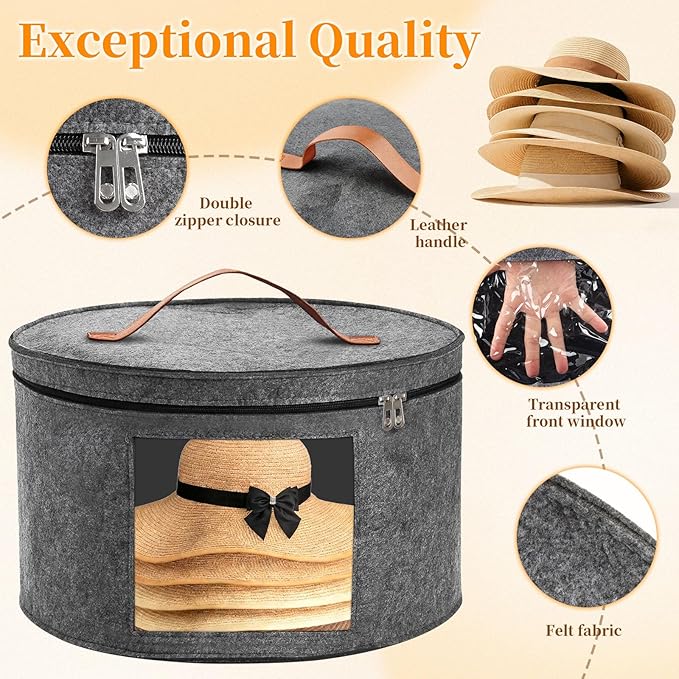 Hat Boxes for Women/Men Storage, 16" D x 10" H, Round Hats Storage Box Container for Closet, Clothes Storage Bin for Stuffed Animal Toy, Foldable Caps Organizer for Travel with Dustproof Lid (Grey)