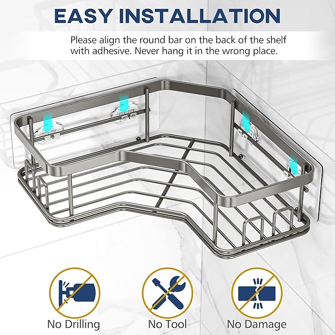 MAXIFFE 3 Pack Corner Shower Caddy with Soap Holder, Large Capacity and Easy Install, No Drilling Shower Shelves, Stainless Steel Shower Organizer Hold 40 LBS for Family Renters, Grey