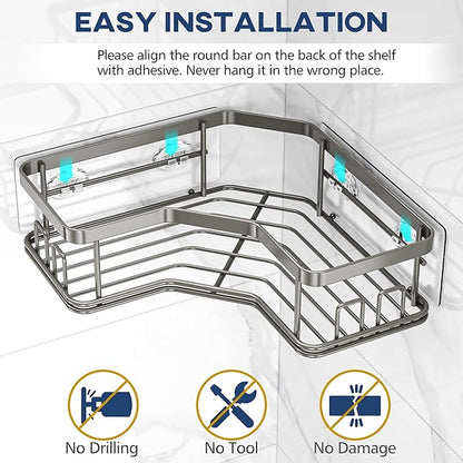 MAXIFFE 3 Pack Corner Shower Caddy with Soap Holder, Large Capacity and Easy Install, No Drilling Shower Shelves, Stainless Steel Shower Organizer Hold 40 LBS for Family Renters, Grey