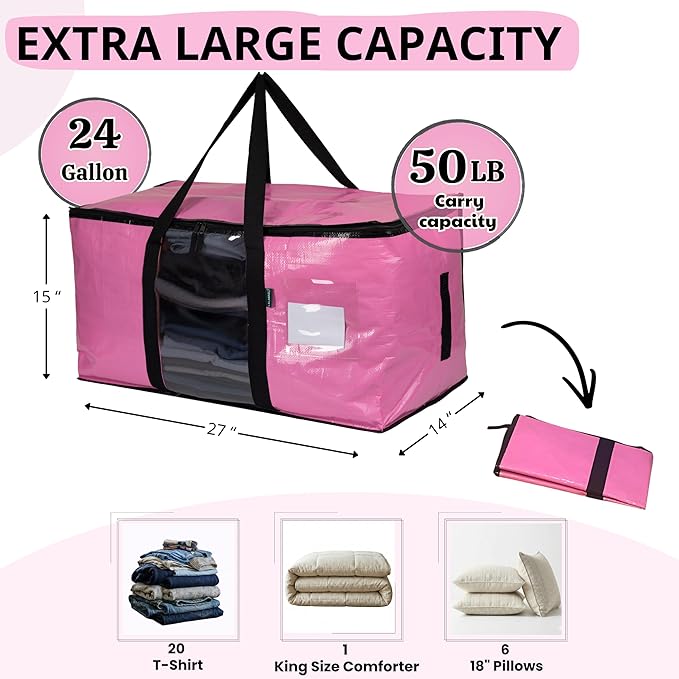 6-Pack Extra Large Moving Bags with Backpack Straps & Side Handles, 50 lbs Heavy Duty Storage Totes, Water-Resistant Clothes Packing Boxes Alternative (Pink)
