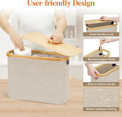 Lifewit Toilet Paper Storage Holder for 9 to 12 Rolls, Free Standing Toilet Paper Basket Stand with Bamboo Lid, Collapsible Fabric Bathroom Organizer Box for Mega Rolls, 23L, Large, White, Beige