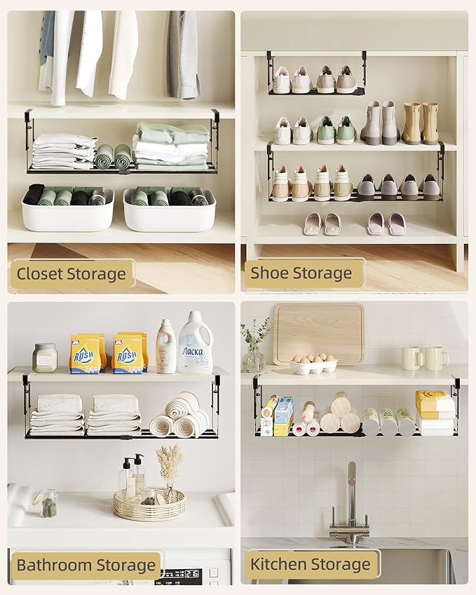 2 Pack Expandable Shoe Rack Organizer for Cabinet, Adjustable Hanging Under Shelf Storage, Sturdy Round Tube Design, Space Saving Shoe Shelf for Closet, Entryway, Laundry Room, Black