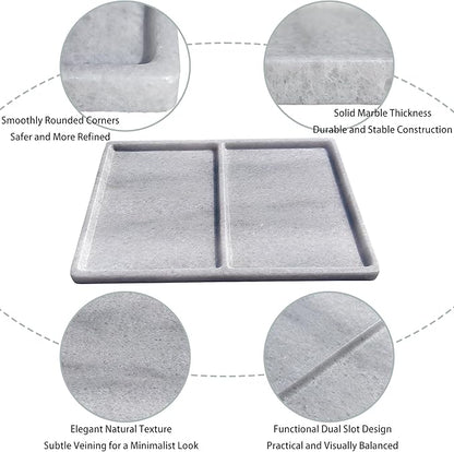 10"x8" Natural Marble Decorative Tray – Dual‑Compartment Stone Vanity Organizer for Jewelry, Keys & Soap – Premium Heat‑Resistant Bathroom Decor Gift(Belken White)