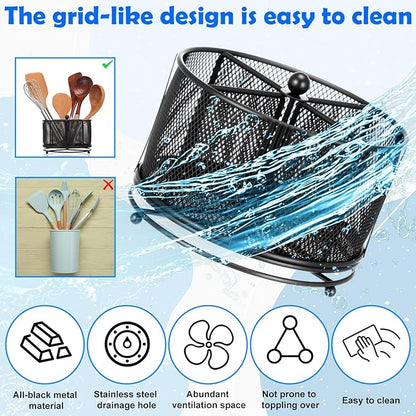 360° Rotating Silverware Utensil Caddy Holder with 4 Compartments Black Metal Mesh Silverware Caddy for Spoon Fork Holder Party Kitchen Countertop Buffet Picnic Camping Outdoor Barbecue