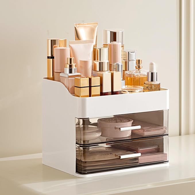 HBlife Makeup Organizer for Vanity with 2 Drawers, Large Plastic Bathroom Countertop Cosmetics Organizer Skin Care Storage, Easy to Store Lipsticks, Nail Polishes, Perfumes, Eyeshadow Palettes, White