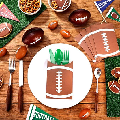 Tinlade 24 Pcs Football Utensil Holder Paper Silverware Sleeves, 3.54 x 5.12 Inch Disposable Cutlery Holders, Utensil Bags for Football Party Supplies, Sports Event, Birthday, Kitchen Decorations