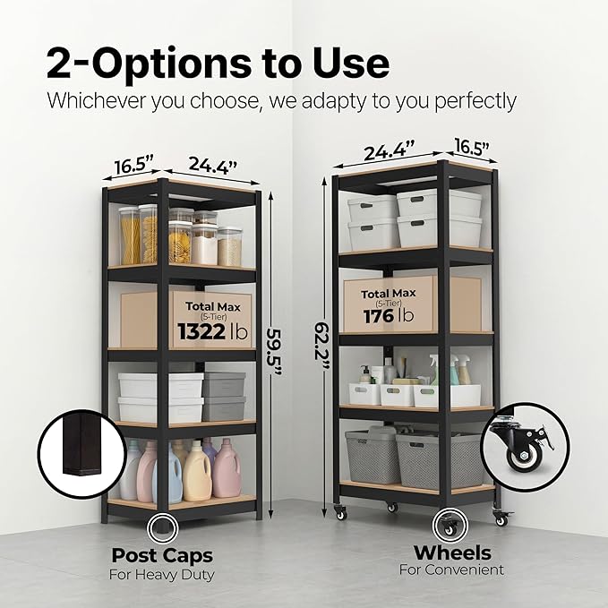HOMEDANT House 24.4" W 5 Tier Heavy Duty Garage Shelving Adjustable Metal Rack Storage Shelves Standing Shelf Unit Organizers Pantry Closet Office Black 1Pack