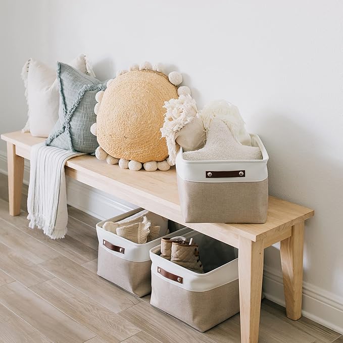 OrganiHaus 16x12.5in Canvas Storage Baskets 3 Pack | EXTRA LARGE Fabric Bins for Shelves | Linen Closet Organizer | Beige/Off-White
