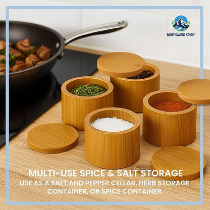 Bamboo Salt Containers with Magnetic Swivel Lids – 4Pcs Round Wooden Spice Storage Containers for Salt, Herbs, Flaky Salt & Seasonings Kitchen Countertop Storage