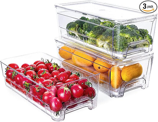 Imncya Pull-Out Fridge Organizer, Stackable Refrigerator Drawer Organizer Bins, Fridge Drawers Food Storage Containers for Fruits, Vegetables, Drinks, Snack (3 Pack Clear)