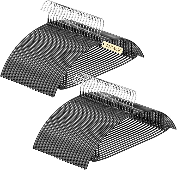 Non-Slip PVC Coating Metal Coat Hangers 40 Pack, Heavy Duty Clothes Hangers, No Shoulder Bumps, Space Saving Hangers for Sweaters, Suits, Shirts, Skirt, Jackets, Black