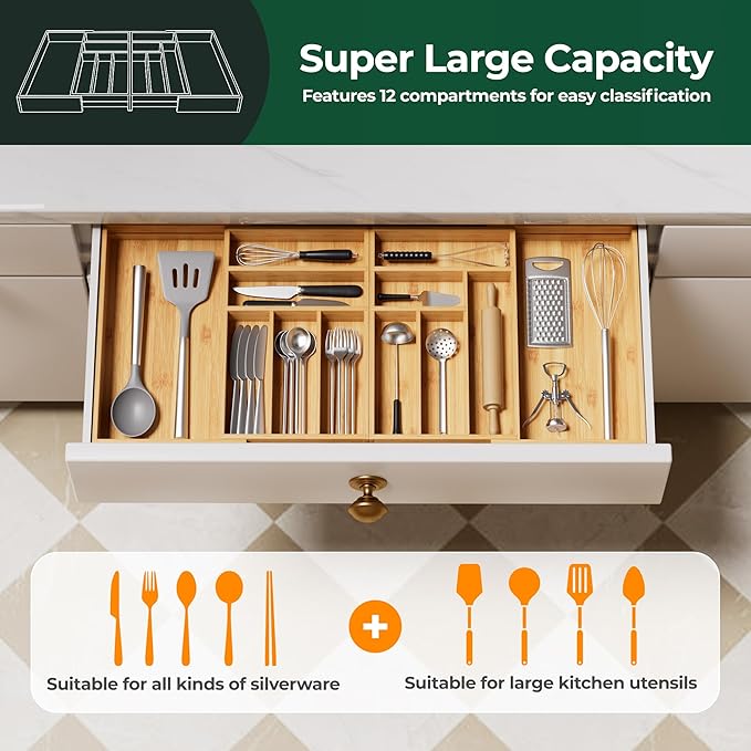 Large Silverware Organizer, 12 Slots Magnetic Connected Expandable Bamboo Utensil Drawer Organizer From 21 to 37.4 Inches, Adjustable Flatware and Cutlery Holder, Utensil Tray for Kitchen Natural