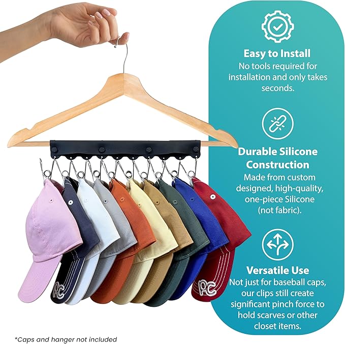 Perfect Curve Baseball Cap Hanger - Store 10 Caps with Button Clip Design, Silicone & Metal Construction, Black, 1-Pack
