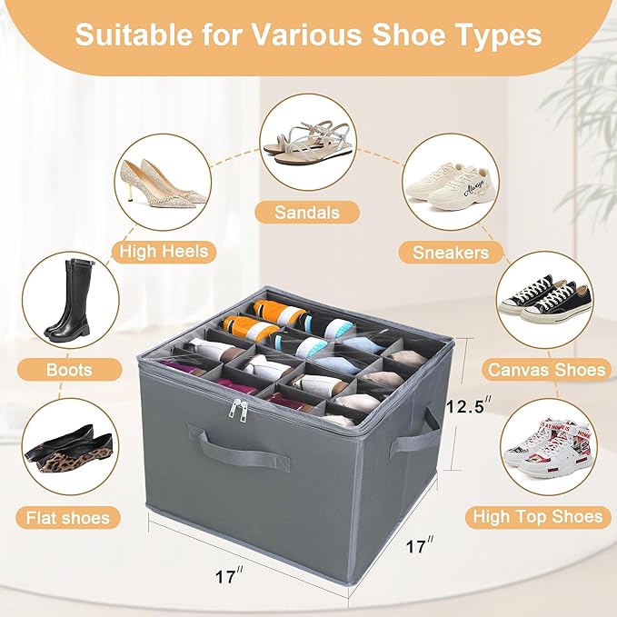2 Pack Large Fabric Shoe Organizer Storage Box, Shoe Organizer Box with Adjustable Dividers and Clear Lid, Fits 16 Pairs, Fabric Shoe Organization with Handles, Stackable and Foldable