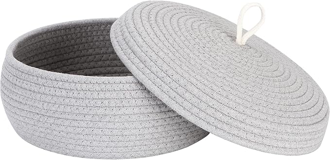 Sea Team Round Cotton Rope Storage Basket with Lid, Decorative Woven Storage Bin, Pot, Caddy, Organizer, Container for Snacks, Towels, Plants, 13 x 5.5 Inches (Large, Shallow, Grey)