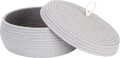 Sea Team Round Cotton Rope Storage Basket with Lid, Decorative Woven Storage Bin, Pot, Caddy, Organizer, Container for Snacks, Towels, Plants, 13 x 5.5 Inches (Large, Shallow, Grey)