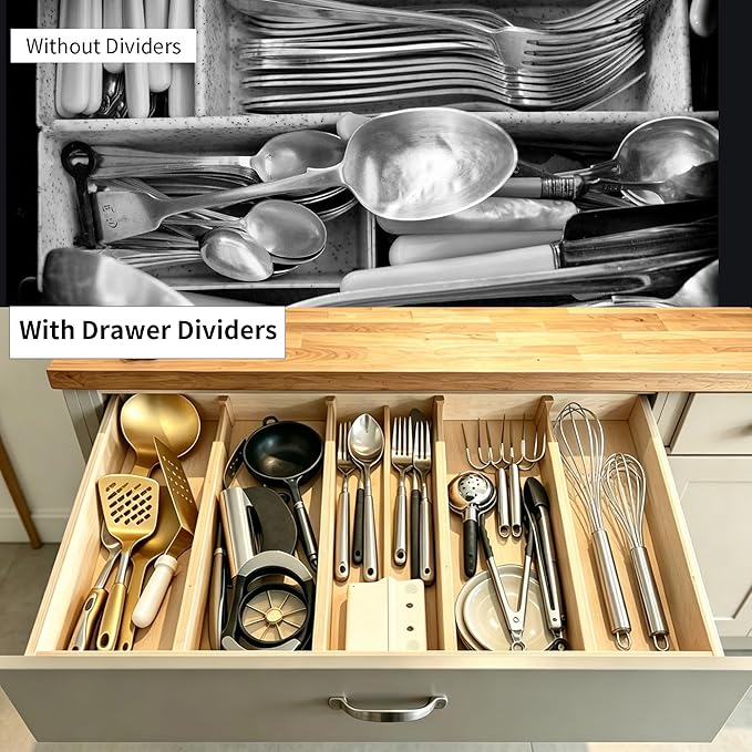 Utoplike 4 pcs Bamboo Kitchen Drawer Dividers Large, Adjustable Drawer Organizers, Spring Loaded, Expandable Organization Works in Kitchen, Dresser, Bathroom, Bedroom, Drawer, Desk