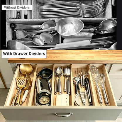 Utoplike 4 pcs Bamboo Kitchen Drawer Dividers Large, Adjustable Drawer Organizers, Spring Loaded, Expandable Organization Works in Kitchen, Dresser, Bathroom, Bedroom, Drawer, Desk