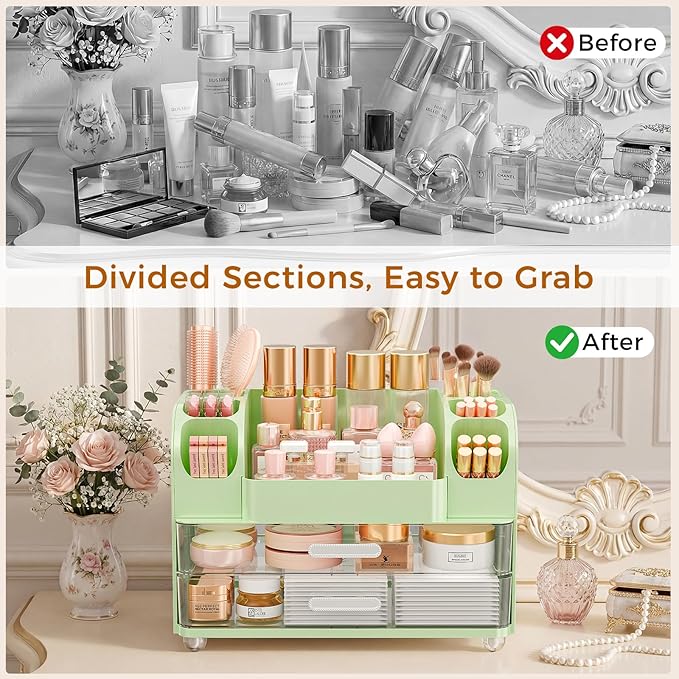 Makeup Organizer for Vanity with Brush Holder, Large Bathroom Countertop Organizer & Skincare Storage | Perfume, Cosmetics Display Case with Drawers (Green)
