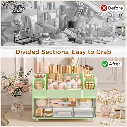 Makeup Organizer for Vanity with Brush Holder, Large Bathroom Countertop Organizer & Skincare Storage | Perfume, Cosmetics Display Case with Drawers (Green)