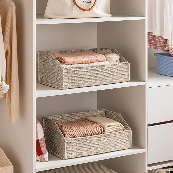 UBBCARE Closet Storage Bins 2 Pack, Cotton Rope Clothes Storage Bins & Sturdy Basket, 19" X 11" X 7" Shelf Baskets for Organizing, Light Brown