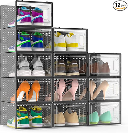 12 Pack X-Large Clear Shoe Storage Boxes, Stackable Modular Plastic Shoe Organizer Front-Opening Door, Fits up to US Size 9 to13, Ventilated Dust-Proof Sneaker Display Cases Closet and Entryway, Black