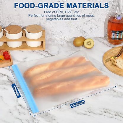 Lerine Reusable 2 Gallon Freezer Bags Dishwasher Safe, Reusable Freezer Bags 2 Gallon 13"x15.6", Leakproof BPA Free Food Storage Bags for Marinate Meats, Vegetables (Multicolor, 2Gallon)