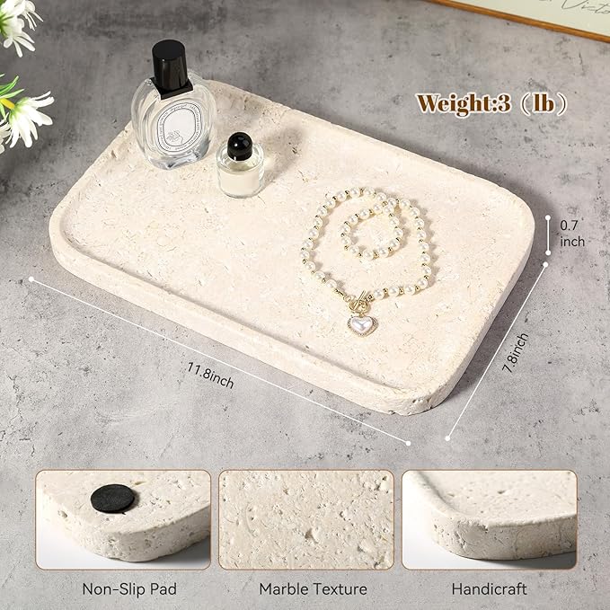Karibiber Natural Marble Vanity Tray, 11.8" Marble/Stone Bathroom Tray Countertop, Beige Tray for Decor, Perfume Jewelry Holder, Storage/Organizer for Kitchen Sink