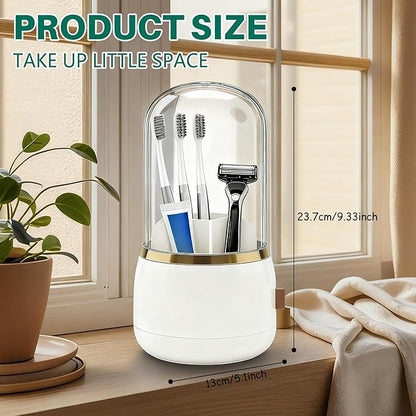 Toothbrush Holder with Lid Cosmetic Tools Organizer 360 Rotating 7-Slot Draining Waterproof Dustproof Make Up Brushes Toothbrush Storage for Dresser Vanity Bathroom Countertop