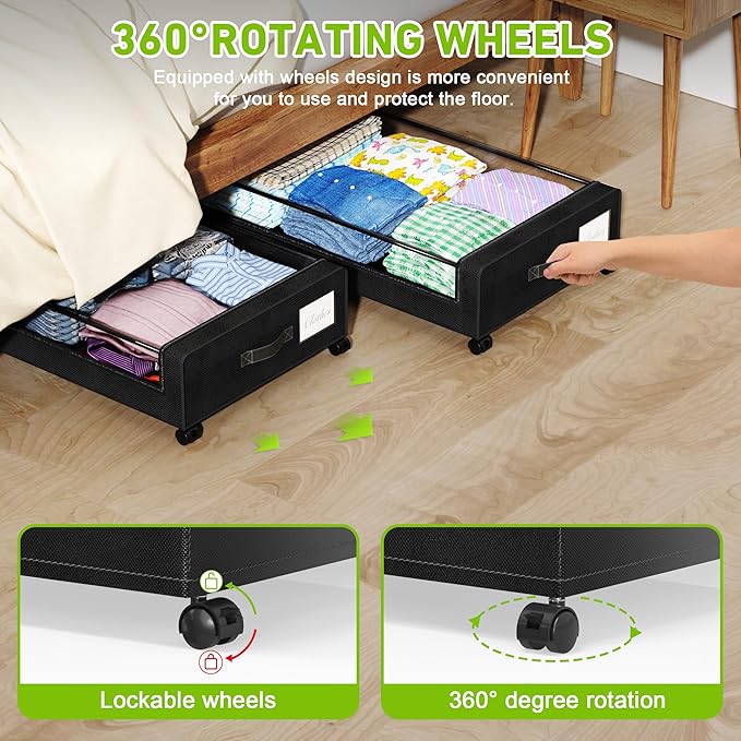 Tututry Under Bed Storage with Wheels, XXL 60L Under the Bed Storage Bins, Underbed Storage Containers with Lids & Label, Rolling Metal Drawer for Shoes, Clothes, Books, Toys (2-Pack Black)