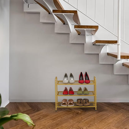 Relaxdays Rack, Organiser with 3 Levels, 6 Pairs of Shoes, HWD: 48 x 60 x 25 cm, Metal, Hallway Storage, Gold, Steel