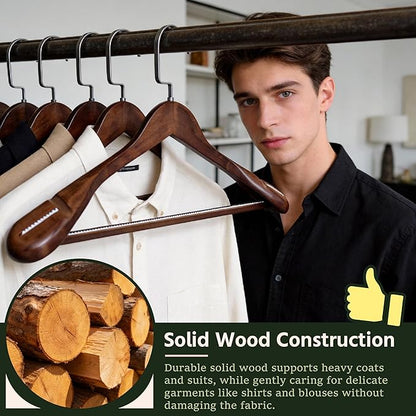 Luxury Wide Shoulder Wooden Coat Hangers with Anti Slip Pants Bar, Solid Wood Thick Jacket Hangers Smooth Finish for Sweater Dress Pants Sport Coats (Dark Brown, 6 Pack)