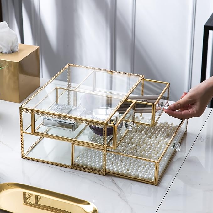 Vellon Gold Glass Box Makeup Organizer, Glass Jewelry Drawer, Vintage Jewel Organizer, Desktop Cosmetic Storage, Makeup Container, Keepsake Case with Golden Lace Decoration, 2 Tiers
