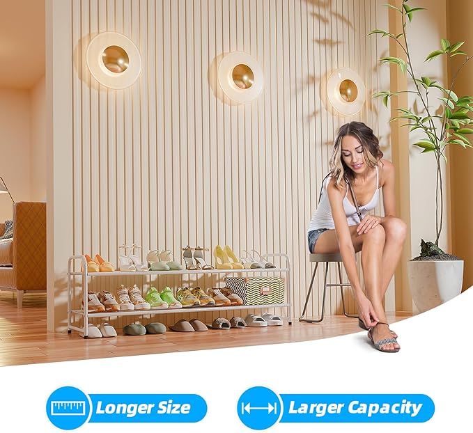 Shoe Rack for Closet, 2 Tier 44 Inch Extra Wide Shoe Storage Organizer for Shelves, Heavy Duty Metal, Easy Assembly, White