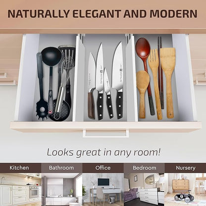 6-Pack Drawer Dividers 4 Inch High, 11”-17" Adjustable Bamboo Organizers Large Expandable Drawer Separators for Cloths, Dresser, Bedroom, Bathroom, Baby Drawer, Office & Kitchen Utensils (White)