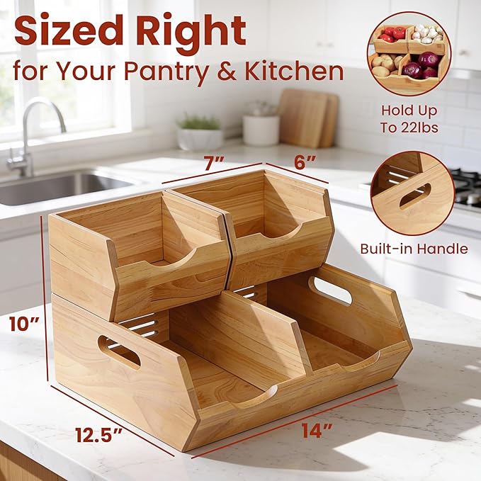 HOMESTEAD Stackable Solid Wood Storage Bins for Pantry & Countertop, Ventilated Potato and Onion Organizer with Handles, Wooden Produce Storage Containers (Natural)