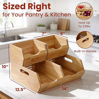 HOMESTEAD Stackable Solid Wood Storage Bins for Pantry & Countertop, Ventilated Potato and Onion Organizer with Handles, Wooden Produce Storage Containers (Natural)