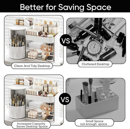 Makeup Organizer,Rotating Cosmetic Storage Organizer with Drawers,Large Capacity Makeup Brush Holder,Skincare Vanity Organizer for Bathroom Countertop, White