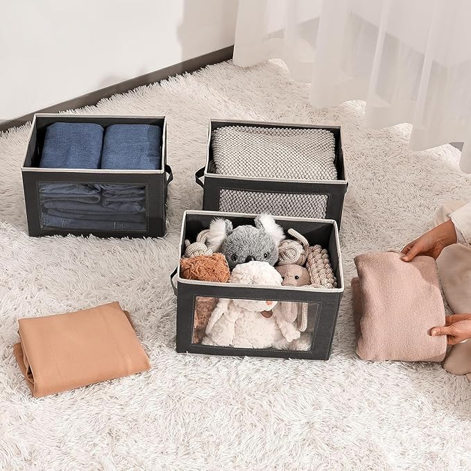 Homsorout Stackable Storage Bins with Lids - Medium Storage Box with Lids, Foldable Closet Boxes for Organizing, Wardrobe Clothes Organizer with Window, Cubes Bins for Living Room, 4 Pack, Dark Grey