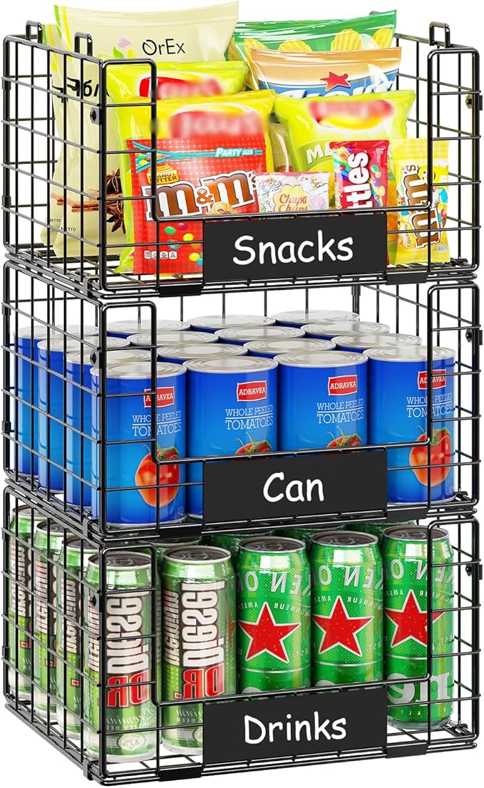 JKsmart 3 Pack Stackable Wire Baskets with NamePlates for Pantry Organizers and Storage, XL Fruit and Vegetable Basket, Metal Storage Bins for Snack Can Fruit Veggies, XL