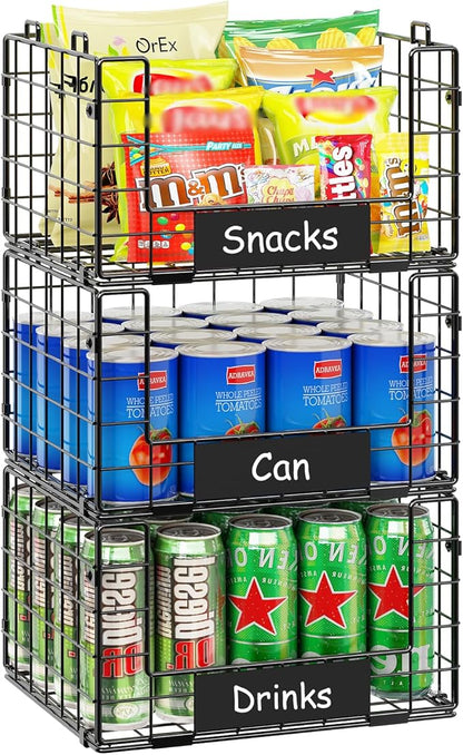 JKsmart 3 Pack Stackable Wire Baskets with NamePlates for Pantry Organizers and Storage, XL Fruit and Vegetable Basket, Metal Storage Bins for Snack Can Fruit Veggies, XL