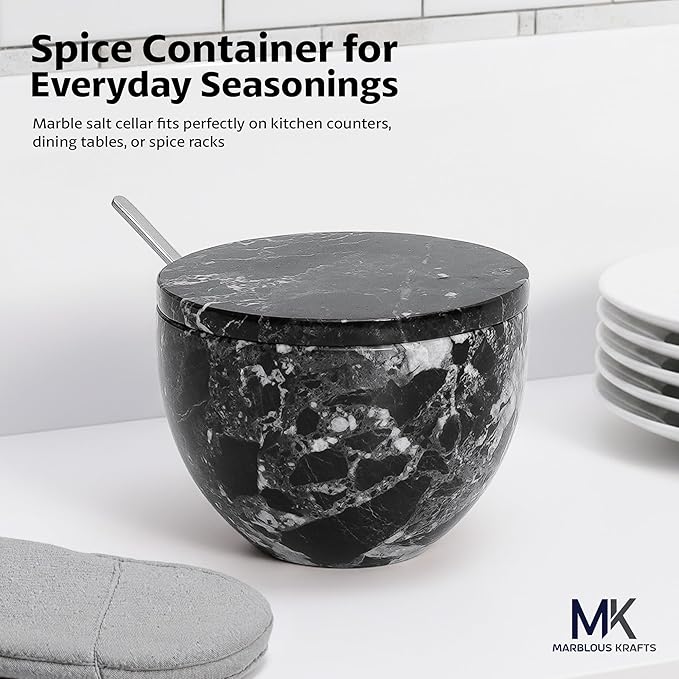 MARBLOUS KRAFTS Marble Salt Cellar with Lid and Spoon Black Zebra 3 x 4 Spice Container for Kitchen Countertop, 4.7 oz, Sugar Candy Bowl, Seasonings, and Kosher Salt, Perfect Mother’s Day Gift for Mom