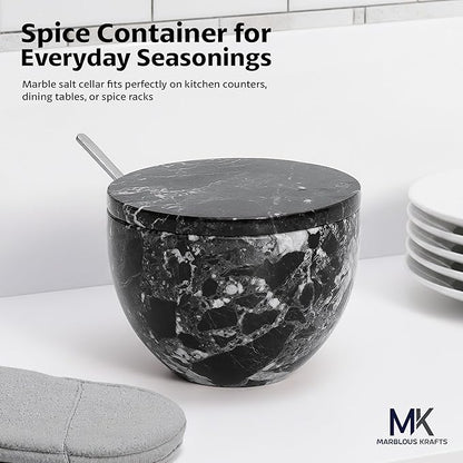 MARBLOUS KRAFTS Marble Salt Cellar with Lid and Spoon Black Zebra 3 x 4 Spice Container for Kitchen Countertop, 4.7 oz, Sugar Candy Bowl, Seasonings, and Kosher Salt, Perfect Mother’s Day Gift for Mom