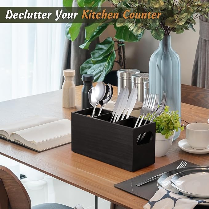 DRASTAR Silverware Holder, Wooden Utensil Caddy, Silverware Organizer Countertop, Cutlery Holder for Party, Fork Spoon Knife Organizer，Black
