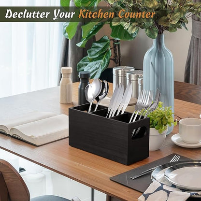 DRASTAR Silverware Holder, Wooden Utensil Caddy, Silverware Organizer Countertop, Cutlery Holder for Party, Fork Spoon Knife Organizer，Black