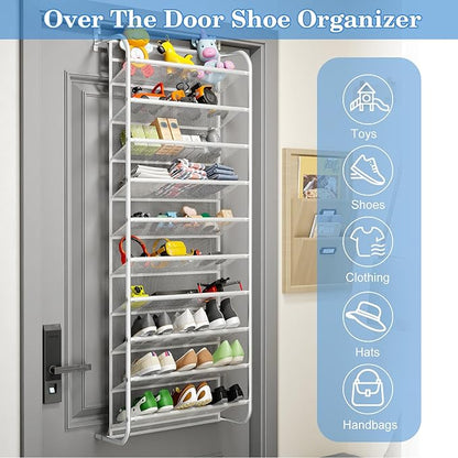 AQQHSAIN 10 Tier Over The Door Shoe Organizer Wall Shoe Shelf Shoe Holder Door Shoe Rack for Closet Pantry Hanging Shoes Clothes Toys Storage Shelves (White)