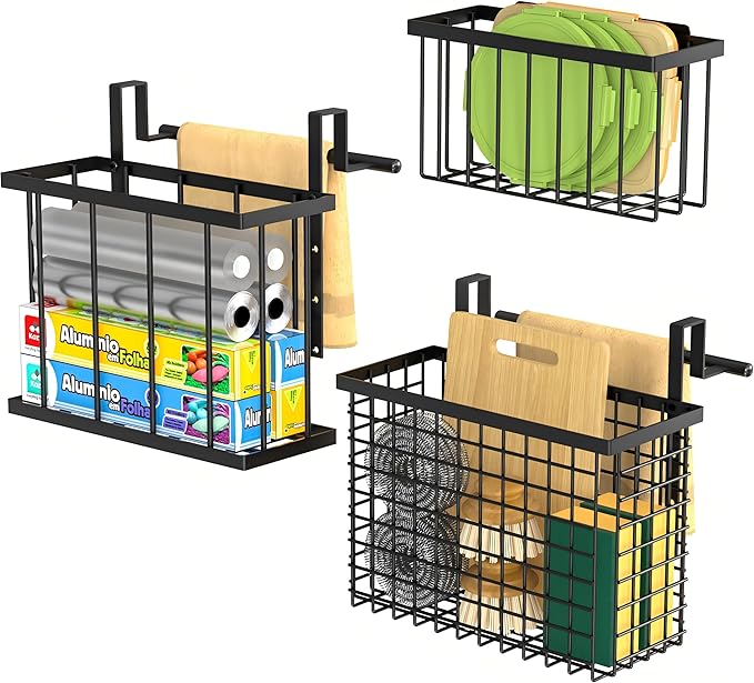 DTUQYX 3 Pack Over Cabinet Door Organizer - Adjustable Cabinet Door Organizer with Towel Rack,Hanging Over the Door Organizer for Cutting Board, Plastic Wrap, Aluminum Foil, Cleaning Supplies, Baking