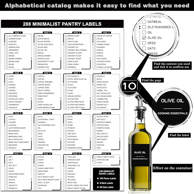 288 Pantry Labels for Food Containers, Black Preprinted Minimalist Waterproof Stickers for Organizing Storage Bins, Jars and Kitchen
