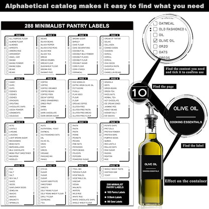 288 Pantry Labels for Food Containers, Black Preprinted Minimalist Waterproof Stickers for Organizing Storage Bins, Jars and Kitchen
