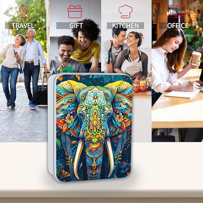 Metal Tin Box Sturdy Metal Storage Box with Lid, Large Container Holder for TCG Cards,Car Keys,Cookies,Tin Containers for Gift,5.0x3.7x1.6 Inch,Exquisite Pattern Design(Flower Elephant)